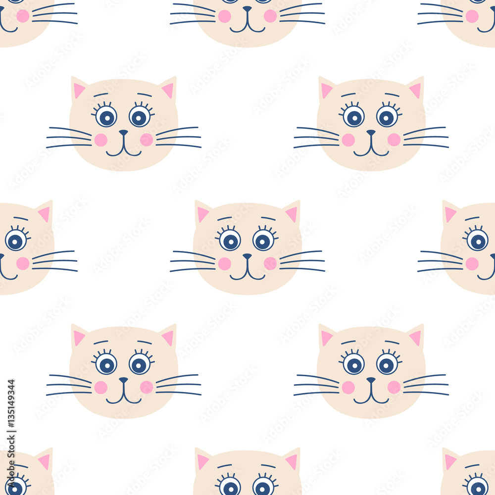 custom made wallpaper toronto digitalCats face. Vector seamless pattern with smiling kitten heads. On white background. Childish design.