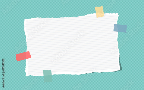 Ripped white ruled note, notebook, copybook paper stuck with colorful sticky tape on blue squared pattern