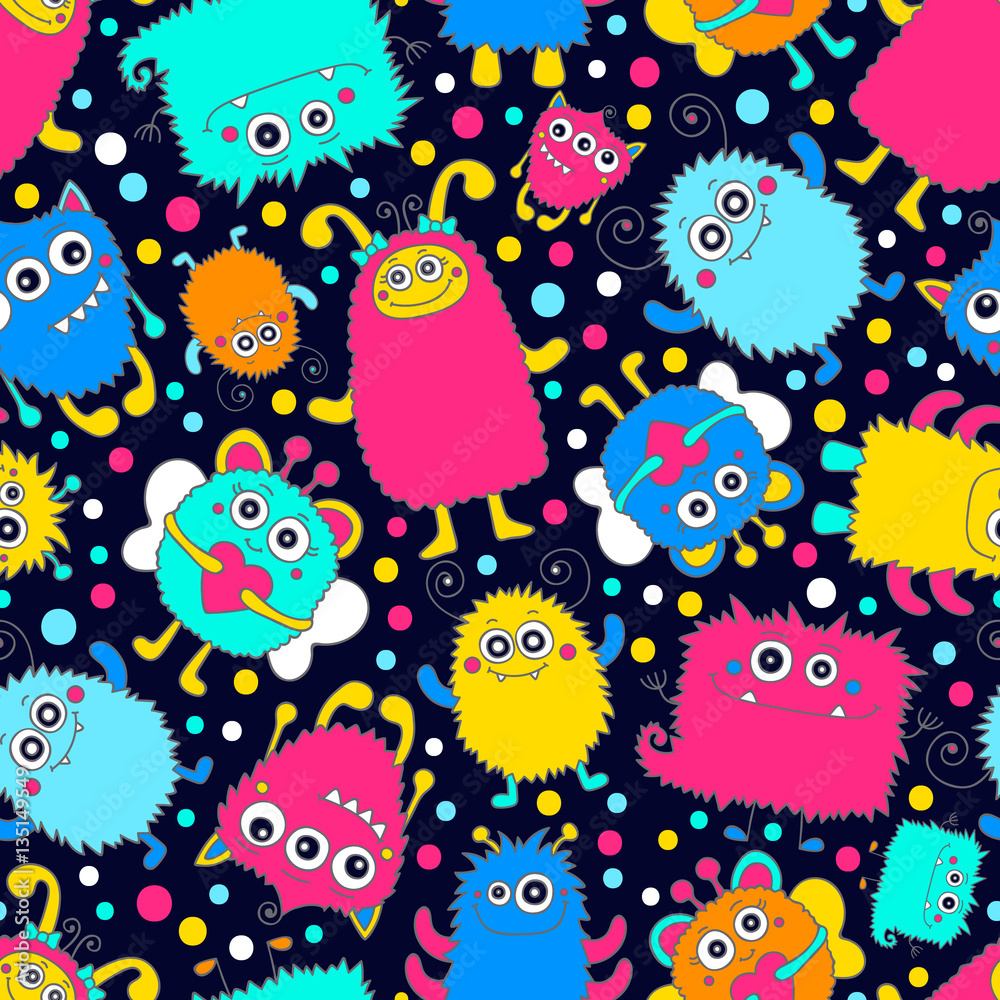 Fun monsters. Vector seamless pattern with nice hand drawn monsters ...