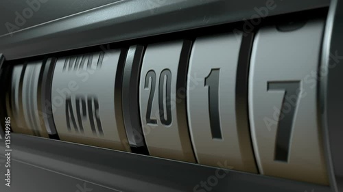 A 3D render timelapse of a mechanical odometer concept with dates and years increasing over time