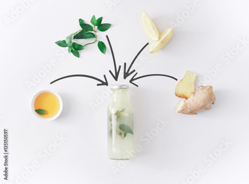 Natural detox lemonade ingredients isolated on white background photo