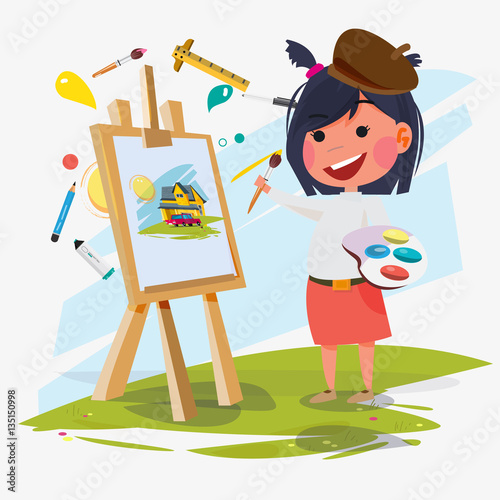 artist female or girl painting on canvas with art icons. character design. Creative people professions collection. - vector illustration