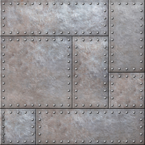 Old rustic metal plates with rivets seamless background or texture
