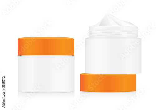 White cream jar with orange lid isolated on white background. Ideal for mock up packaging.