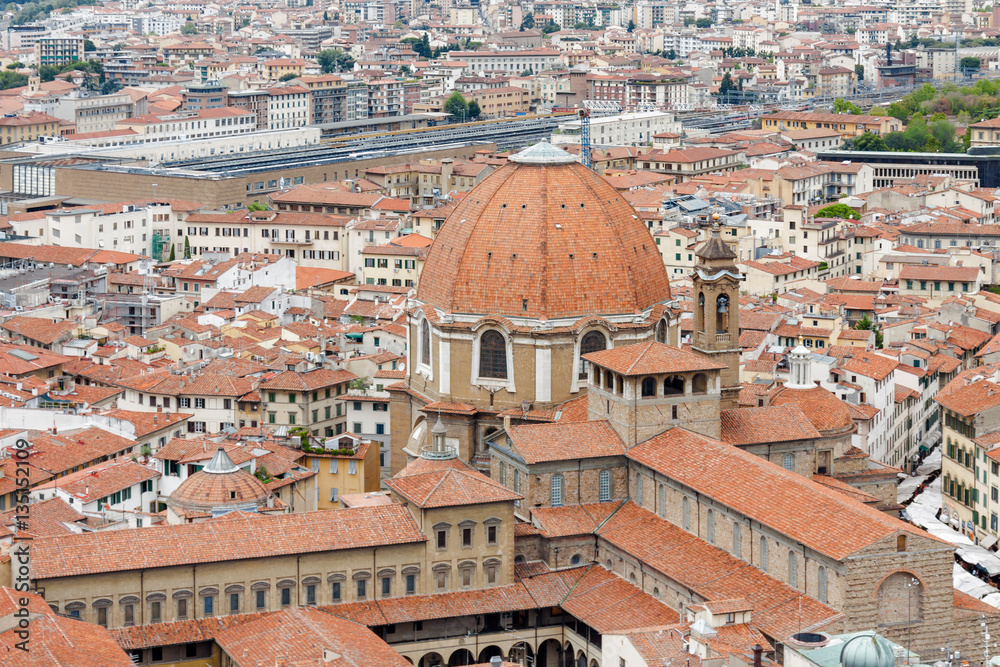 Cloudy view of Florence from viewpoint at top of the dome of Santa Maria del Fiore, Toscana region, Italy.