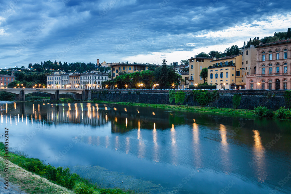 Sunset view of riverside of Arno river in Florence, Toscana province, Italy.