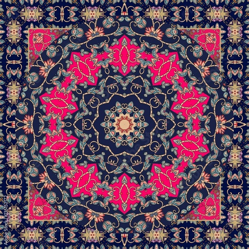 Bright shawl in ethnic style with ornamental frame. Beautiful vector illustration. Square pattern. Festive tablecloth. Ceramic tile.