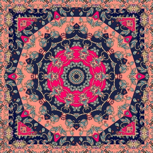 Carpet. Lovely tablecloth in ethnic style with beautiful birds and leaves on multicolor background. Shawl. Bandana. Vector. Boho design. Scarf.