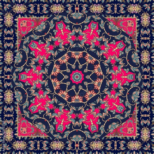 Carpet. Lovely tablecloth with stylized leaves on multicolor background. Shawl. Bandana. Vector. Boho design. Scarf. Ethnic print.