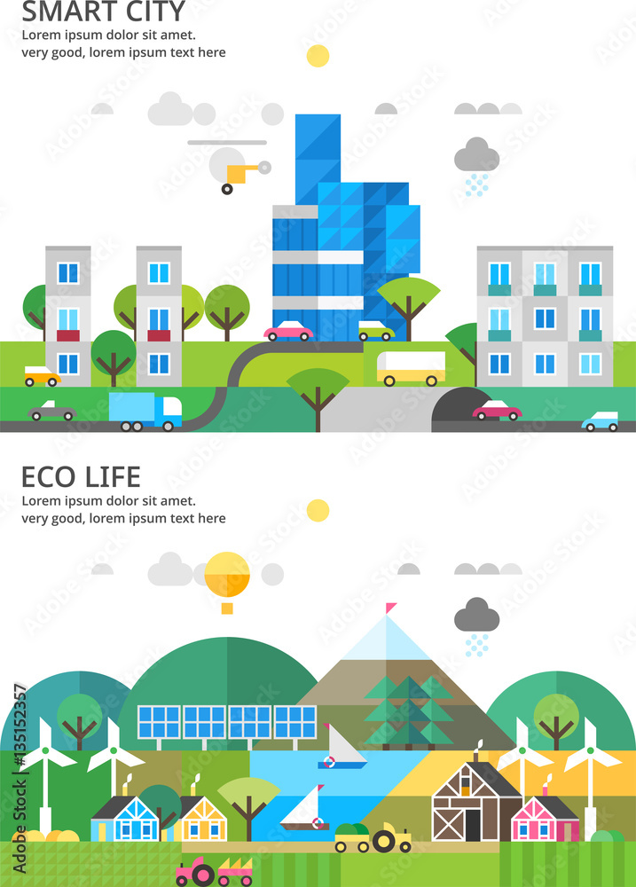 Modern city. Transport connection. Environmental city. Rural life. Renewable energy. Rural landscape. Ecosystem.