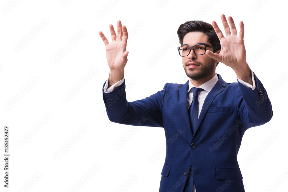 Young businessman pressing virtual buttons isolated on white Young businessman pressing virtual buttons isolated on white