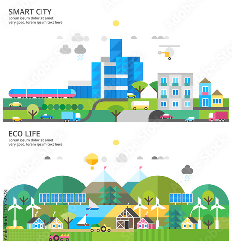 Modern city. Transport connection. Environmental city. Rural life. Renewable energy. Rural landscape. Ecosystem.