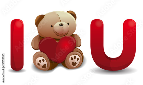 Valentine's Day design. I love you. Love, hearts. Cute teddy bear with red heart. Design elements for decoration romantic greeting cards. Vector illustration