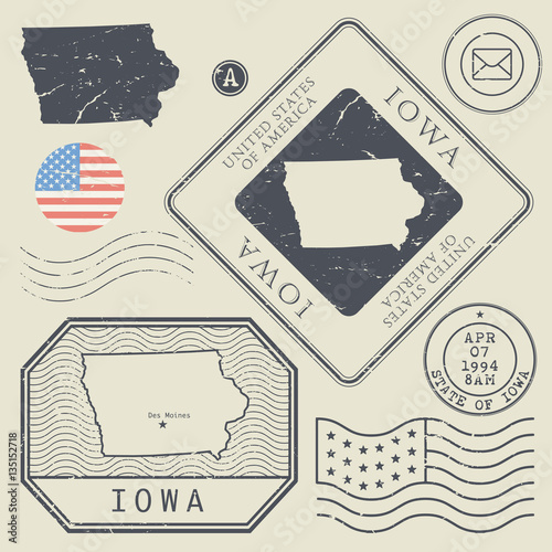 Retro vintage postage stamps set Iowa, United States
