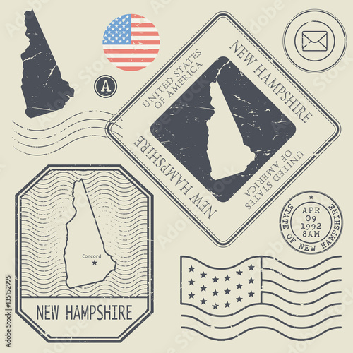 Retro vintage postage stamps set New Hampshire, United States