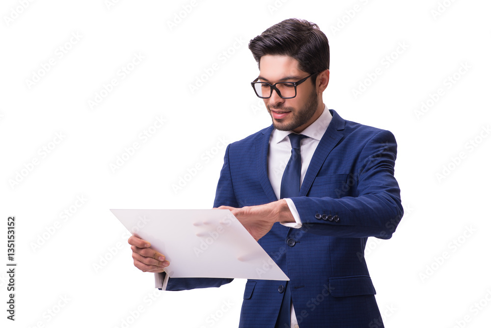 Businessman working on tablet isolated on the white background Businessman working on tablet isolated on the white background