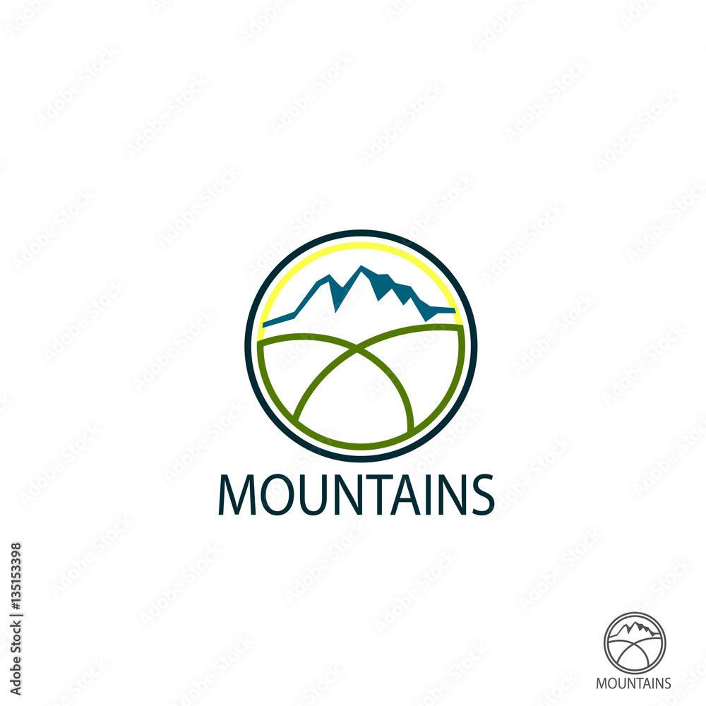 Mountains logo, Icon in color. Climbing label, hiking travel and adventure Mountains logo, Icon in color. Climbing label, hiking travel and adventure