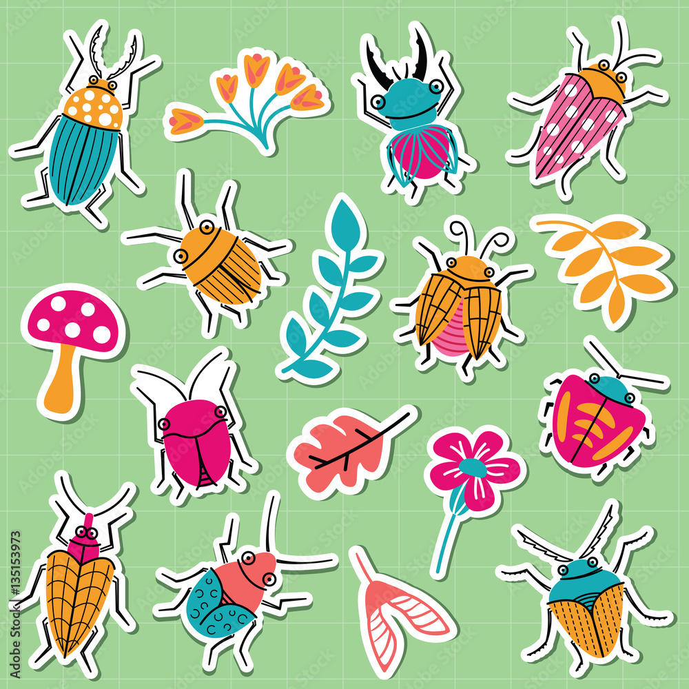 Small funny bugs sticker collection