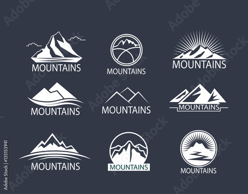 Set of Mountains logo, Icon in color. Climbing label, hiking travel and adventure