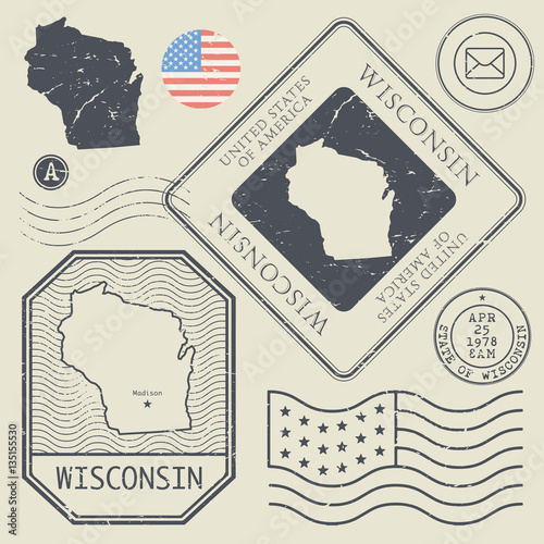 Retro vintage postage stamps set Wisconsin, United States