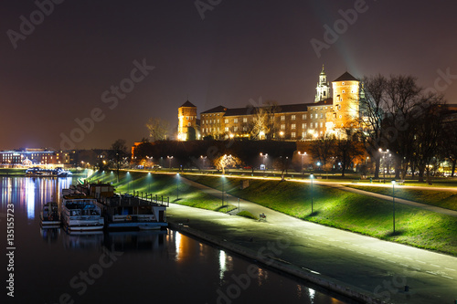 Wawel Castle in the evening in Krakow with reflection in the river, Poland. Long time exposure © dziewul