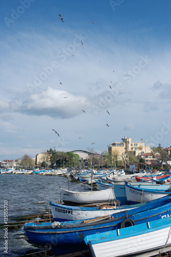 Bulgaria, a small fishing town Pomorie, in April 2016, fishing boats on the shore.