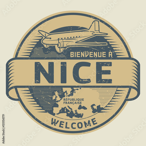 Stamp or tag with airplane and text Welcome to Nice, France