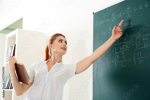 Young teacher beside blackb...