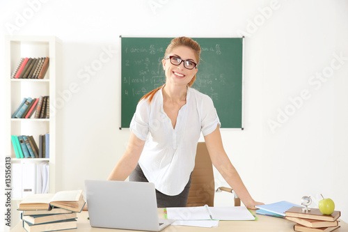 Young teacher at desk in cl...