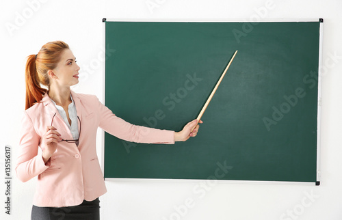 Young teacher with pointer ...