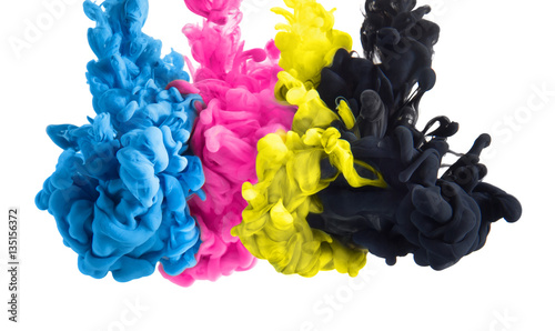 color splashes of ink in cyan magenta yellow black as symbol for subtractive CMYK color blending