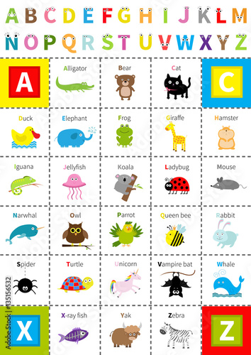 Animal zoo alphabet poster. Letters with eyes. Cute cartoon character set. Isolated. White background Flat design. Baby children education. Alligator bear cat duck elephant frog giraffe hamster iguana