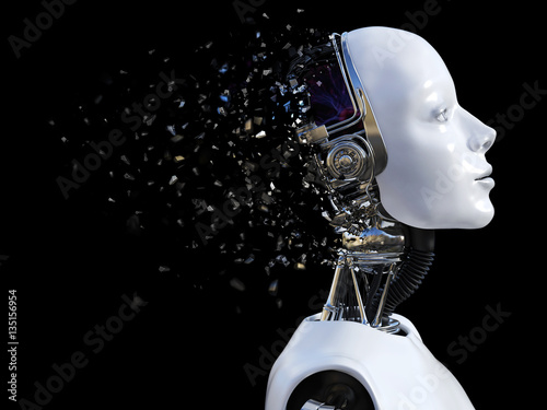 3D rendering of female robot head that shatters. photo