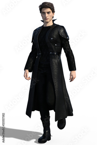 3d illustration of a handsome gothic man wearing leather coat isolated on white
