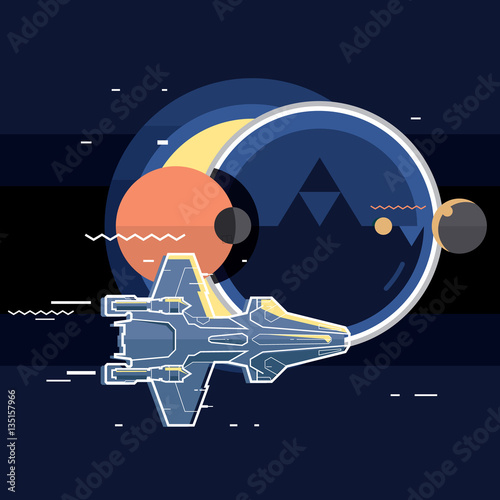 Spacecraft, spaceship in space, planet and sputnik, star war
