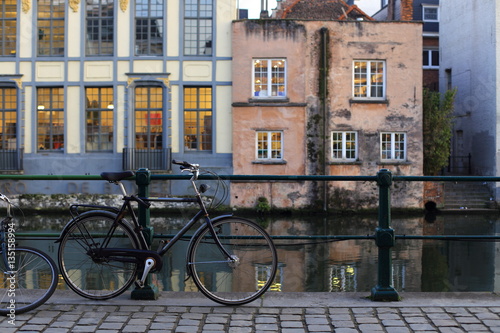 Bicycle parked at the side walk in the city of Ghent, Belgium