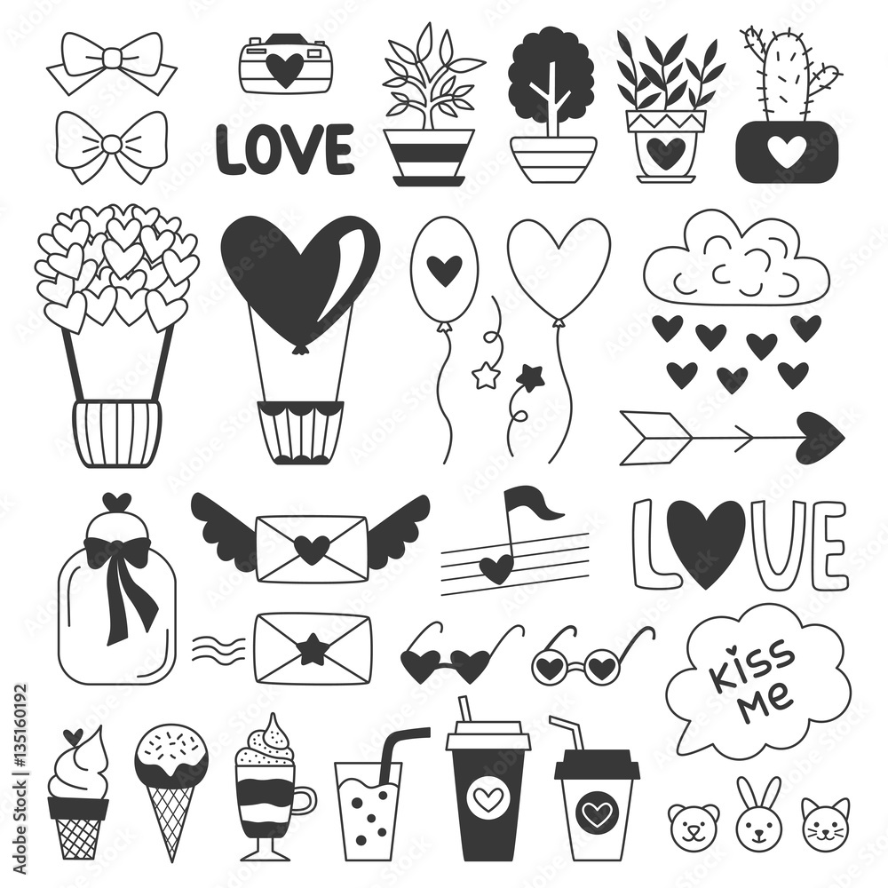 Love stickers. Black and white vector set. Illustration can be used for  labels, postcards, notebooks, stationery and creative works. Stock Vector