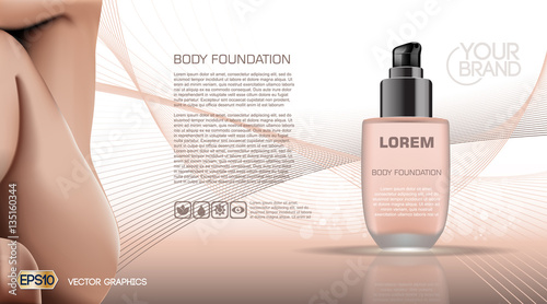 Skin care beauty Body Foundation. Moisturizing Lotion cosmetic ads template. Mockup 3D Realistic Woman  illustration. Pastel Nude colors