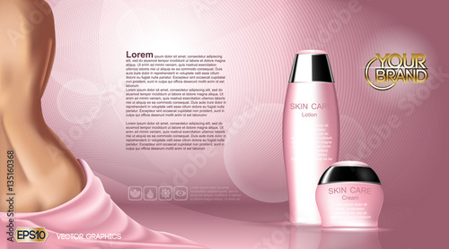Skin care beauty Body Cream and Lotion. Moisturizing cosmetic ads template. Mockup 3D Realistic Woman silhouette illustration. Pastel Pink Nude colors