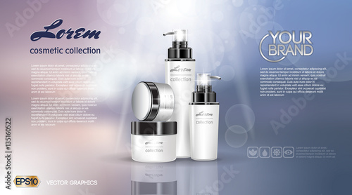 Exquisite cosmetic ads template, blank moisturizing lotions set cover mockup. Dazzling effect background. Cream, spray bottle, tube. 3D Realistic Vector illustration
