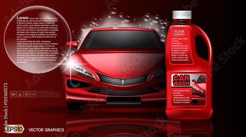 High quality Car wash Product packadge mock up ads. Bottle of carwash soap. 3d Vector realistic vehicle template.