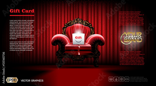 Realistic Luxury armchair Furniture. Gift card or Voucher Discount Coupon template mockup. Vector 3d illustration