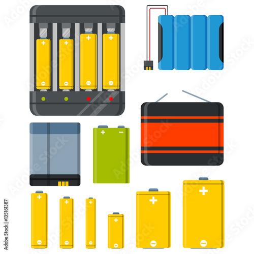 Battery and accumulator colourful set isolated vector illustration