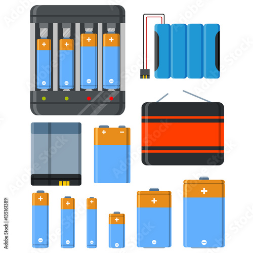 Battery and accumulator blue set isolated vector illustration