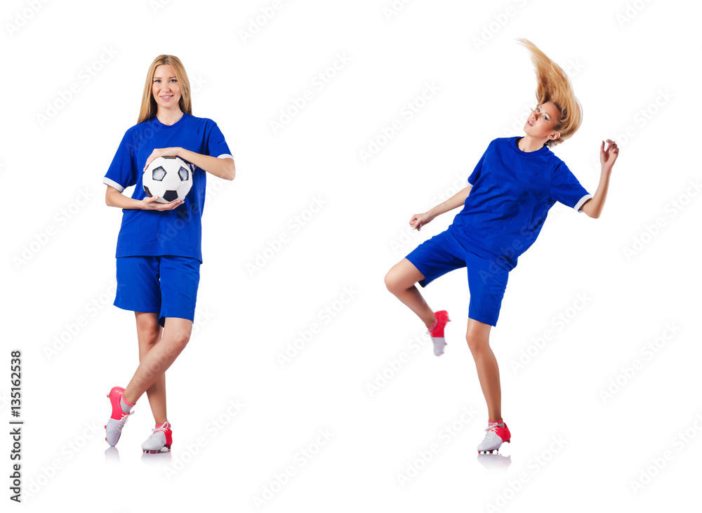 Woman playing football on white Woman playing football on white