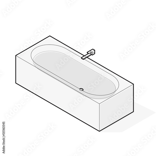 Modern bathtub filled with water. Outlined vector bath tub in isometric perspective. Isolated sanitary equipment purchased with modern water battery tap. Bathroom fixtures in family house apartment.