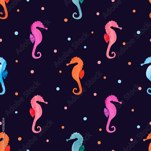 Sea horses seamless pattern. Vector watercolor colorful seahorse background.