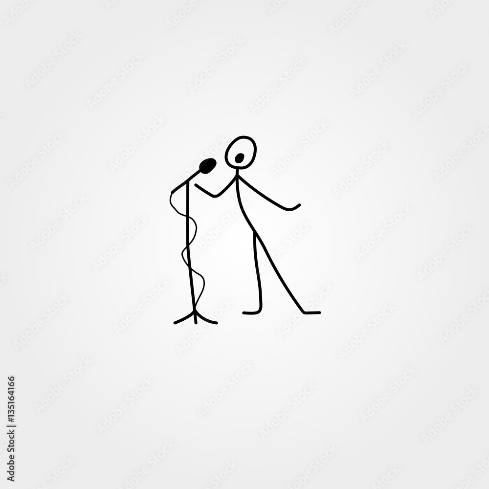 Cartoon icon of sketch stick singer figure in cute miniature scenes.