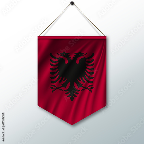 The national flag of Albania. The symbol of the state in the pennant hanging on the rope. Realistic vector illustration.