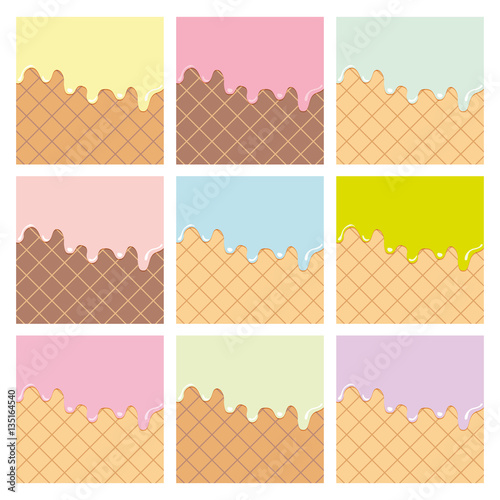 Cream melted on waffle background set.